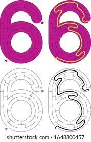 Easy number maze for kids with a solution - worksheet for learning numbers - recognizing number 6