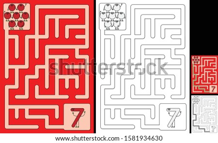 Easy number maze for kids with a solution - worksheet for learning numbers - recognizing number 7