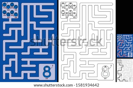 Easy number maze for kids with a solution - worksheet for learning numbers - recognizing number 8