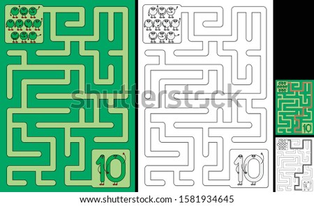Easy number maze for kids with a solution - worksheet for learning numbers - recognizing number 10