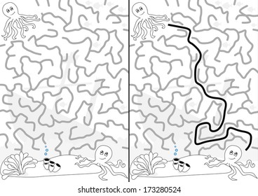 Easy octopus maze for kids with a solution in black and white