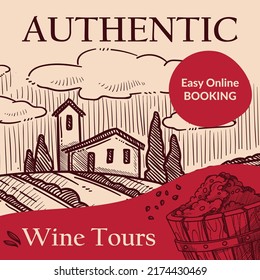 Easy online booking for authentic wine tours. Italian countryside with fields of grapes and vineyards. Excursion showing peculiarities of process making of alcoholic beverages. Vector in flat style