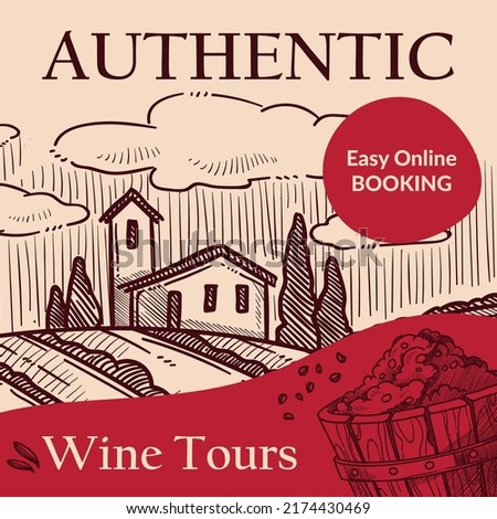 Easy online booking for authentic wine tours. Italian countryside with fields of grapes and vineyards. Excursion showing peculiarities of process making of alcoholic beverages. Vector in flat style