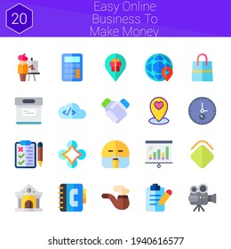 easy online business to make money icon set. 20 flat icons on theme easy online business to make money. collection of college, calculator, handshake, easel, phonebook, bag