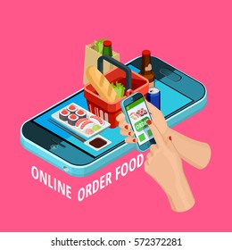 Easy online food order isometric advertisement poster with smartphone checkout grocery basket on pink background vector illustration 