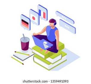 Easy online learning. Education app. Isometric man sitting with laptop on a books