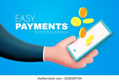 Easy online payments concept with cartoon hand, phone and coins, Business and money. Online shopping.