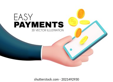 Easy online payments concept with cartoon hand, phone and coins, Business and money. Online shopping.