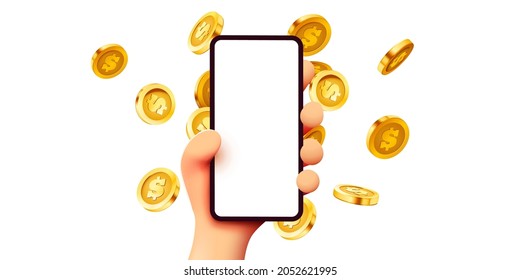 Easy online payments concept with cartoon 3D hand, phone and coin, Business and money. Online earnings. Vector illustration