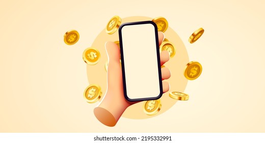 Easy online payments concept with cartoon 3D hand, phone and coin, Business and money. Online earnings. Vector illustration