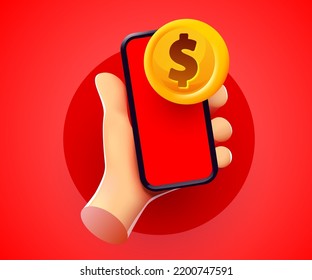 Easy online payments concept with cartoon 3D hand, phone and coin, Business and money. Online earnings. Vector illustration