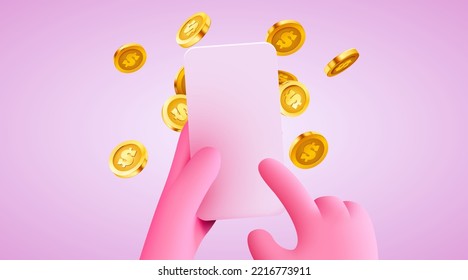 Easy online payments concept with cartoon 3D hand, phone and coin, Business and money. Online earnings. Vector illustration