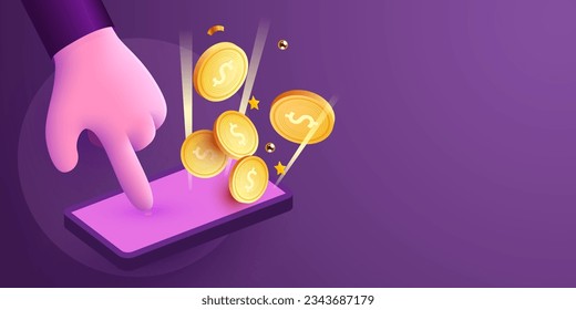 Easy online payments concept with cartoon 3D hand, phone and coin, Business and money. Online earnings. Vector illustration