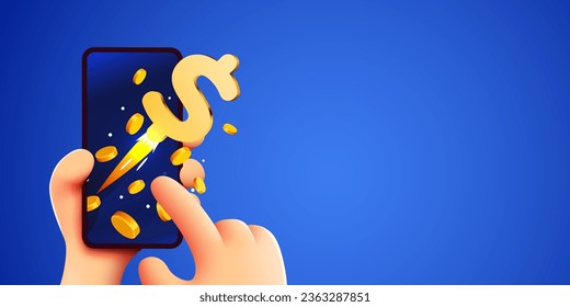 Easy online payments concept with cartoon 3D hand, phone and coin, Business and money. Online earnings. Vector illustration