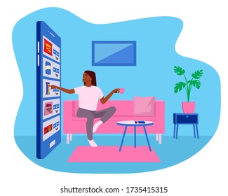 Easy online shopping with smartphone. Ecommerce and digital marketing concept. African American woman on sofa shopping online easily with mobile phone. Stay home concept.