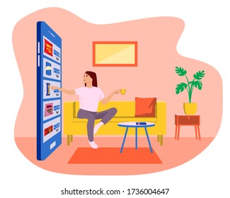 Easy online shopping with smartphone. Ecommerce and digital marketing concept. Young woman sitting on sofa  and drinking coffee while doing online shopping with mobile phone. Stay home concept.