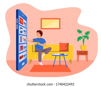 Easy online shopping with smartphone. Ecommerce and digital marketing concept. Young man sitting on sofa  and drinking coffee while doing online shopping with mobile phone. Stay home concept.