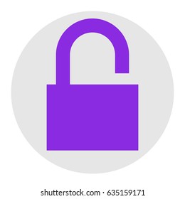 Easy open lock icon. Vector. Violet flat icon on light gray circle at white background. Isolated.