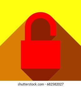 Easy open lock icon. Vector. Red icon with two flat reddish shadows on yellow background.