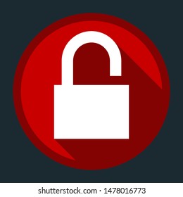 Easy open lock icon. White icon with shadow on round red button at dark cyan background. Illustration.