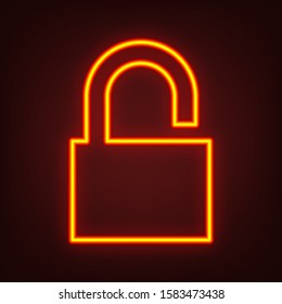 Easy open lock icon. Yellow, orange, red neon icon at dark reddish background. Illumination. Illustration.