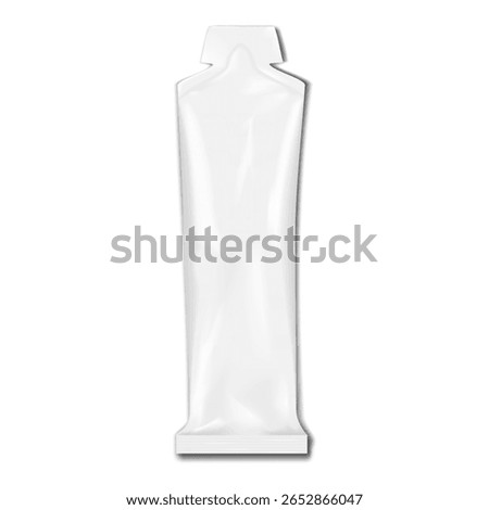 Easy open shaped stick packet. Realistic 3d vector mockup. White blank long pouch package with tear notched top. Mock-up. Small plastic bag. Individual single dose packaging. Template for design