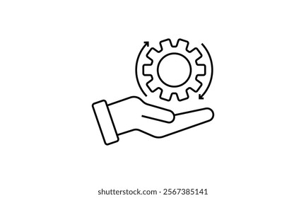 Easy operation process icon, engineering, Line sign human hand holding a gear.