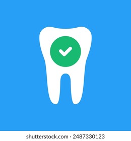 easy oral protection with white tooth and tick icon. simple flat trend modern graphic design abstract logotype element isolated on blue. concept of quick check up of enamel and dental diseases