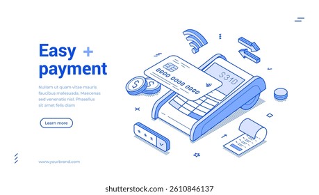 Easy payment banking card POS terminal shopping transaction isometric web banner vector illustration. Financial bank paying checkout online electronic money purchase cash commercial retail technology