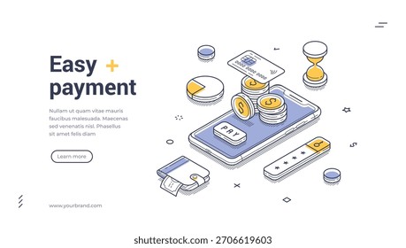Concepto de pago fácil para transacciones digitales, banca móvil y compras en línea con teléfono inteligente, tarjeta de crédito y terminal. Plantilla moderna del Vector del Anuncio del Web para el Sitio web y el uso de fintech