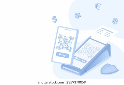 Easy payment concept. Elements of EDC machine, scan QR code for pay, money transfer, currency exchange, e-commerce, NFC and contactless payment. Flat vector design illustration with copy space.