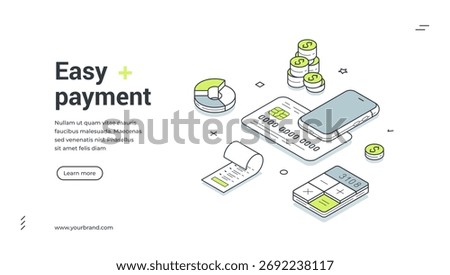 Easy payment digital wallet banking mobile app isometric web banner design template vector illustration. Shopping bank financial technology purchase paying money transaction business transfer system