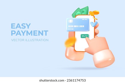 Easy payment method. Online shopping. Hands holding a mobile phone with an application. Payment through an online banking application or electronic wallet. In 3D style. Vector illustration.