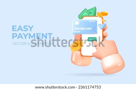 Easy payment method. Online shopping. Hands holding a mobile phone with an application. Payment through an online banking application or electronic wallet. In 3D style. Vector illustration.