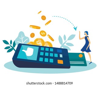 Easy Payment via POS Terminal Metaphor Cartoon. Flat Tiny Woman and Cashless Financial Operation. Plastic Bank Card. Gold Coins as Symbol Successful Money Transaction. Vector Illustration