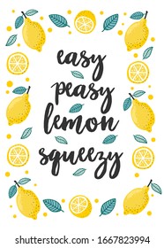 Easy peasy lemon squeezy card with lemons vector illustration. Bright colourful pattern with juicy fruit cartoon design. Summer and organic concept. Isolated on white background