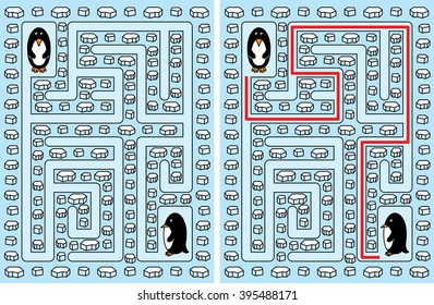 Easy penguin maze for younger kids and solution
