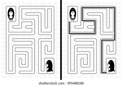 Easy penguin maze for younger kids and solution in black   white