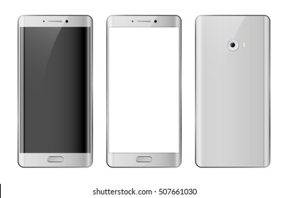 Easy to place into screen. High detailed realistic white, silver Smartphone. Mobile phone front and back side isolated vector illustration. 
