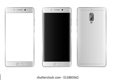 Easy place into screen smartphone. High detailed realistic white, silver Smartphone. phone front and back side isolated. Vector illustration. 