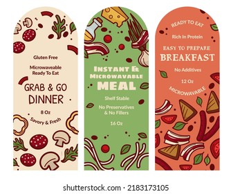 Easy to prepare breakfast ready to eat, gluten free and microwavable grab and go dinner. Food rich in proteins, catering service labels for dishes, takeout delicious meal. Vector in flat style