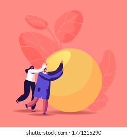 Easy Problem Solving Concept. Business People Characters Pushing Huge Ball. Teamwork Cooperation, Career Challenge, Motivation and Goal Achievement. Team Solve Heavy Task. Cartoon Vector Illustration