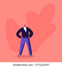 Easy Problem Solving Concept. Self Confident Male Character Stand with Arms Akimbo. Leader Demonstrate Strength and Power. Professional Specialist, Business Man Winner. Cartoon Vector Illustration