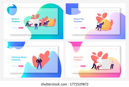 Easy Problems Solving Landing Page Template Set. Tiny Business People Push Huge Figures Ball and Cube. Characters Fight in Business Competition, Challenge, Leadership. Cartoon Vector Illustration