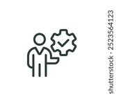 Easy process management, maintenance customize, engineering outline icon. Line sign man holding gear, cogwheel. Vector isolated pictogram for web and app on white background editable stroke.