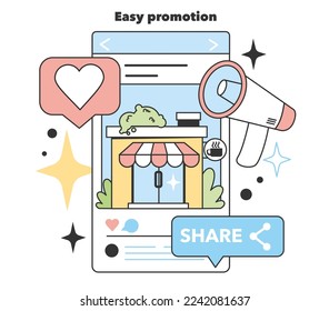 Easy promotion as a positive aspects about starting and developing a new start-up, small local business. Potential for growth and success. Flat Vector Illustration