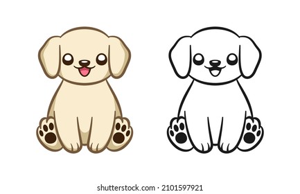 Easy puppy coloring page activity for kids. Colored illustration and outline set.