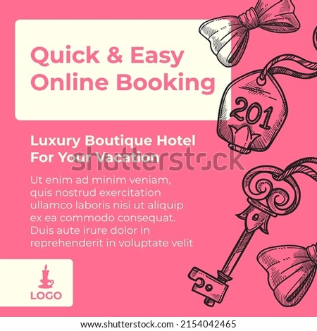 Easy and quick booking of luxury boutique hotel for your vacation. Reservation of room and private accommodation, mobile application. Advertisement and marketing banner or poster. Vector in flat style
