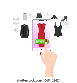 Easy and quick buy over the Internet, a woman with a beautiful manicure buys a dress through her smartphone