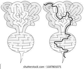 Easy radish maze for kids with a solution in black and white
